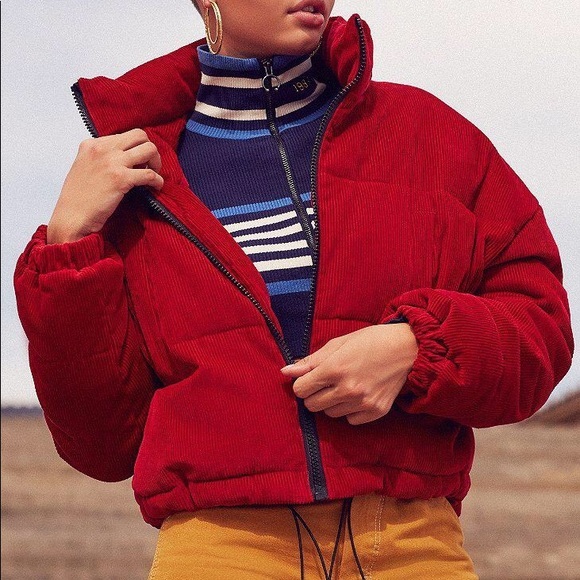 red cropped puffer jacket